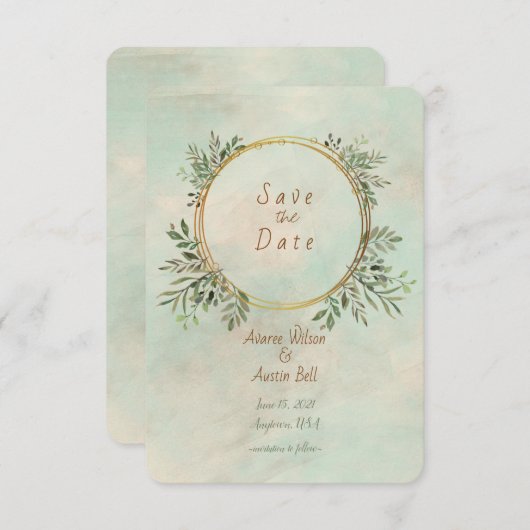 Greenery en Gold Geometric Lijst Save The Date (Voorkant / Achterkant)
