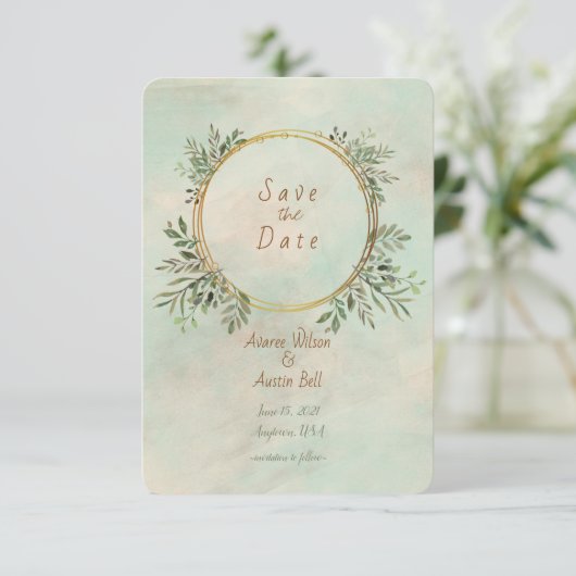 Greenery en Gold Geometric Lijst Save The Date (Staand voorkant)