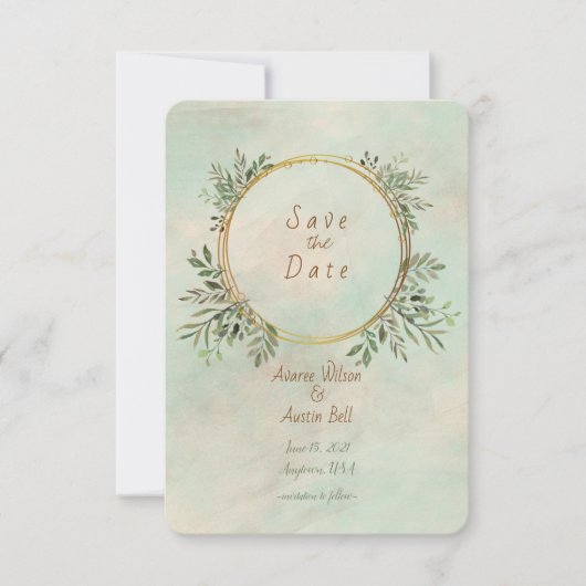 Greenery en Gold Geometric Lijst Save The Date (Voorkant)