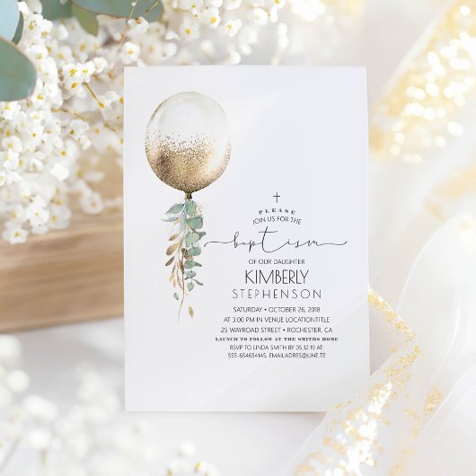 Greenery en Gold Glitter Balloon Elegant Baptisme Kaart