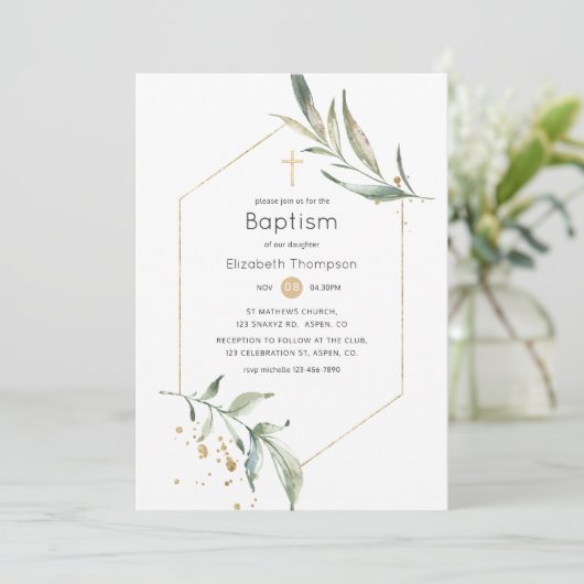 Greenery en Gold Glitter Geometric Baptisme Kaart (Staand voorkant)
