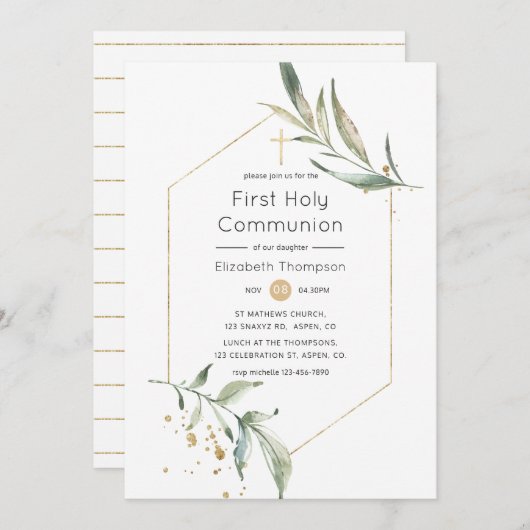 Greenery en Gold Glitter Geometric Heilige Communi Kaart (Voorkant / Achterkant)