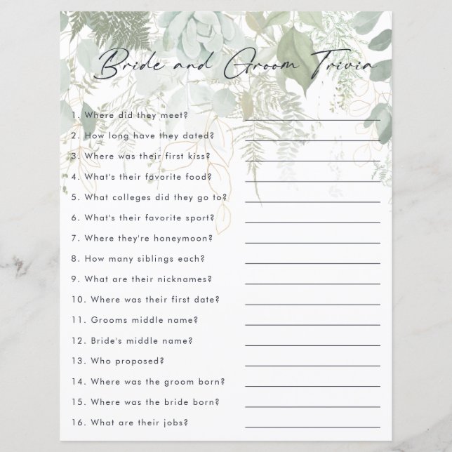 Greenery en Gold Leaf Bride en Groom Trivia Game (Voorkant)