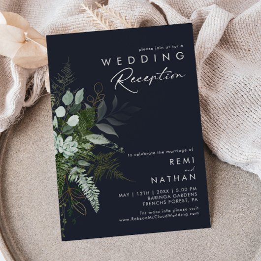 Greenery en Gold Leaf Dark Navy Wedding Reception Kaart