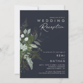 Greenery en Gold Leaf Dark Navy Wedding Reception Kaart (Voorkant)