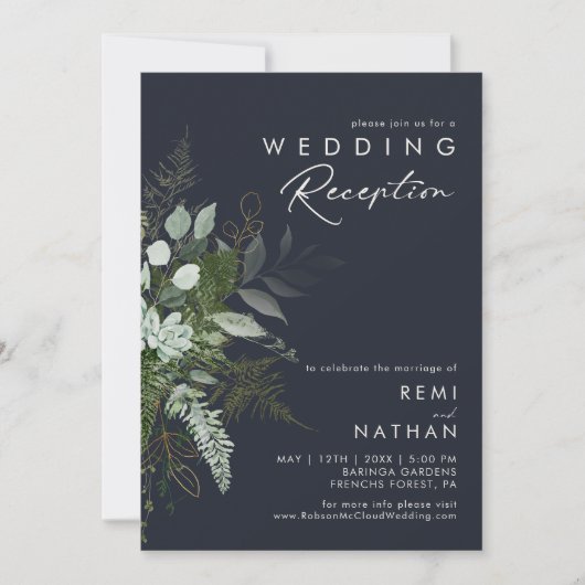 Greenery en Gold Leaf Dark Navy Wedding Reception Kaart (Voorkant)