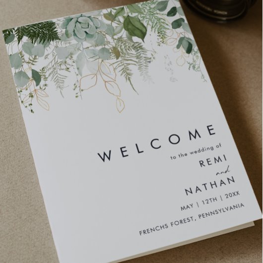 Greenery en Gold Leaf Folded Wedding Program Programma