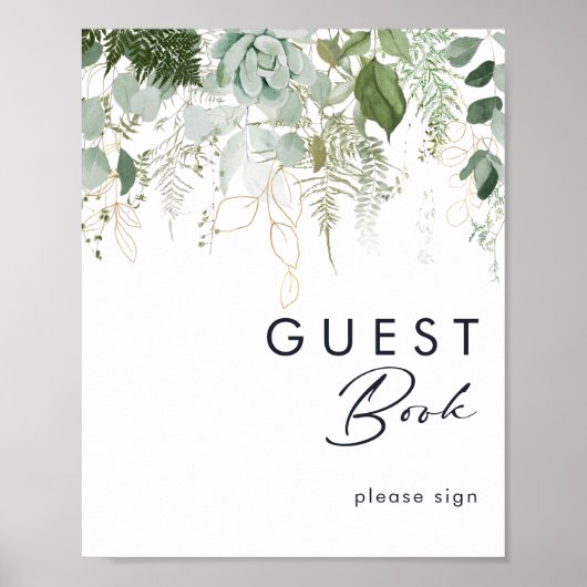Greenery en Gold Leaf Guest Book Sign Poster (Voorkant)