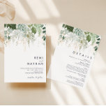 Greenery en Gold Leaf in één bruiloft Kaart<br><div class="desc">We ontwierpen dit groene en gouden blad in één trouwuitnodiging om je eenvoudige maar elegante boho bruiloft te voltooien. Het is voorzien van modern groen en wit eucalyptusblad, vruchtensap, een succulente bloem en minimale gouden folie bladeren. Deze elementen geven het gevoel van een grillig waterverf betoverend bos, perfect voor elke...</div>