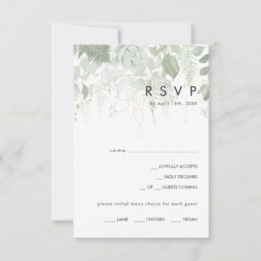 Greenery en Gold Leaf Navy Menu Keuze RSVP-kaart (Voorkant)