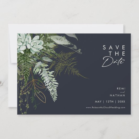 Greenery en Gold Leaf Script Dark Navy Horizontal Save The Date (Voorkant)