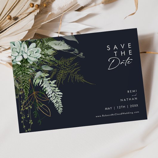 Greenery en Gold Leaf Script Dark Navy Horizontal Save The Date