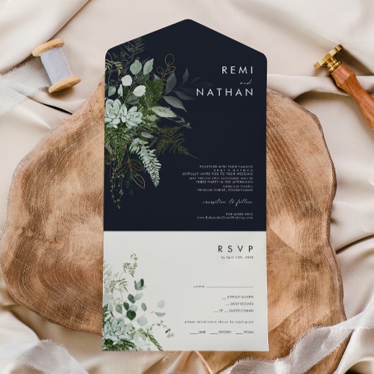 Greenery en Gold Leaf Simple Navy Seal and Send All In One Uitnodiging