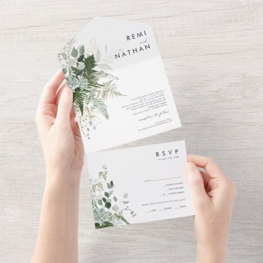 Greenery en Gold Leaf Simple Seal en Send All In One Uitnodiging (Afscheurbaar)