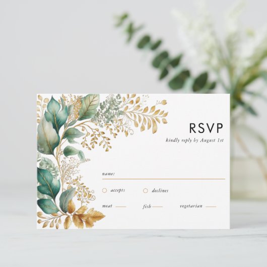 Greenery en Gold Leaf Square Sage RSVP-kaart RSVP Kaartje (Staand voorkant)
