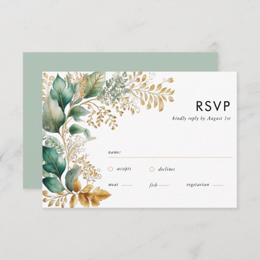 Greenery en Gold Leaf Square Sage RSVP-kaart RSVP Kaartje (Voorkant / Achterkant)