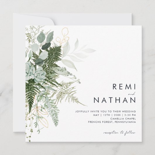 Greenery en Gold Leaf Square Wedding Invitation Kaart (Voorkant)