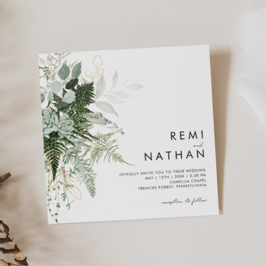 Greenery en Gold Leaf Square Wedding Invitation Kaart