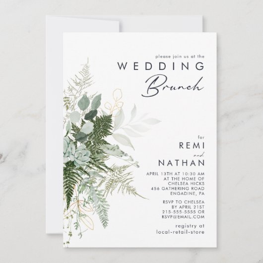 Greenery en Gold Leaf Wedding Brunch Invitation Kaart (Voorkant)