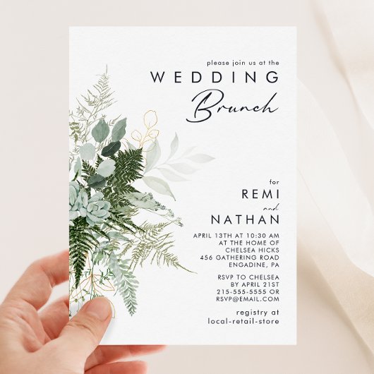 Greenery en Gold Leaf Wedding Brunch Invitation Kaart