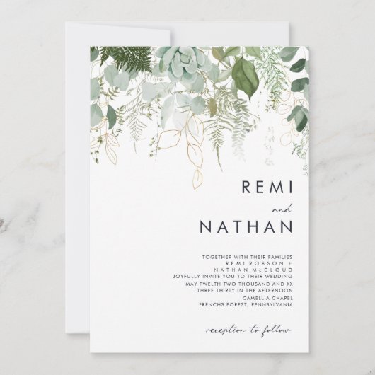 Greenery en Gold Leaf Wedding Invitation Kaart (Voorkant)