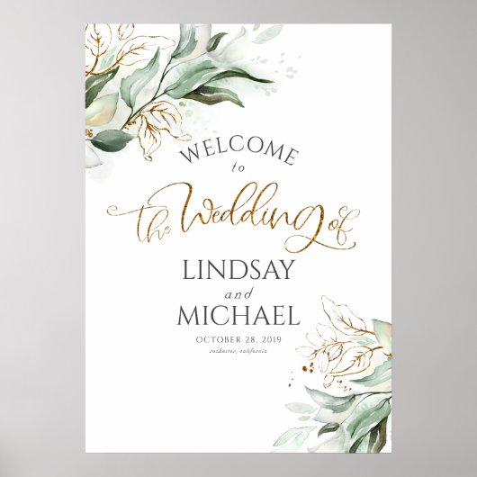 Greenery en Gold Leaves Dreamweaver Wedding Welcom Poster (Voorkant)