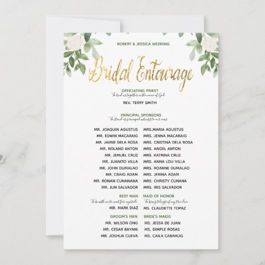 Greenery en Gold Simple Wedding Entourage Kaart (Voorkant)