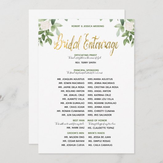 Greenery en Gold Simple Wedding Entourage Kaart (Voorkant / Achterkant)