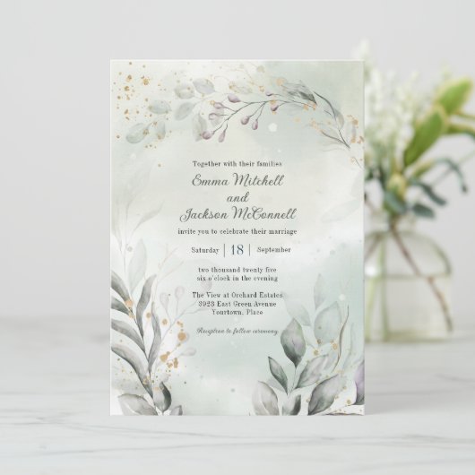 Greenery en Gold Wedding Kaart (Staand voorkant)