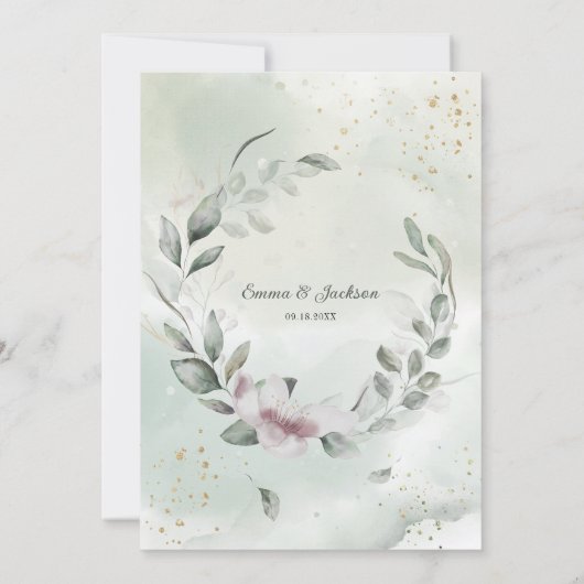 Greenery en Gold Wedding Kaart (Achterkant)