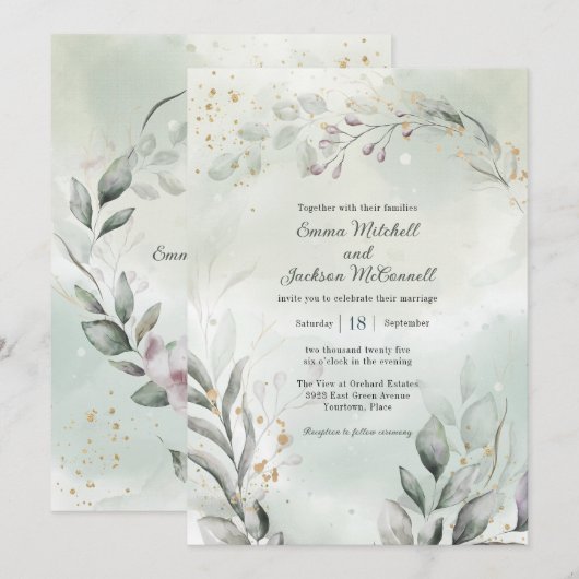 Greenery en Gold Wedding Kaart (Voorkant / Achterkant)