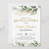 Greenery en goudbladeren eucalyptus quinceanera kaart (Voorkant)
