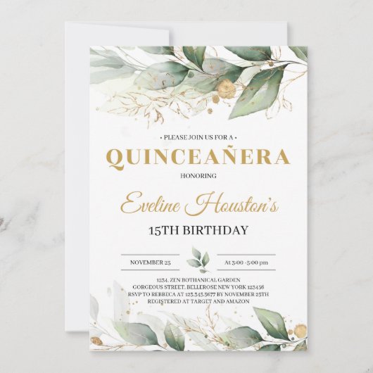 Greenery en goudbladeren eucalyptus quinceanera kaart (Voorkant)
