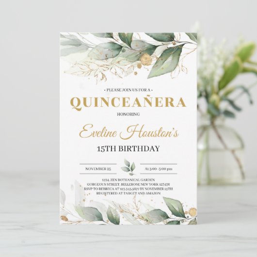 Greenery en goudbladeren eucalyptus quinceanera kaart (Staand voorkant)