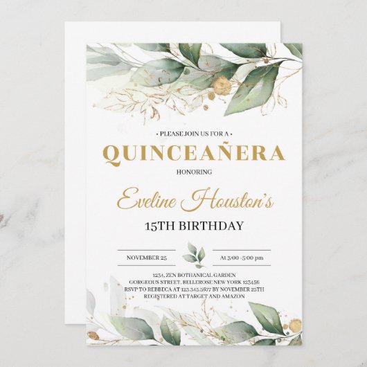 Greenery en goudbladeren eucalyptus quinceanera kaart (Voorkant / Achterkant)