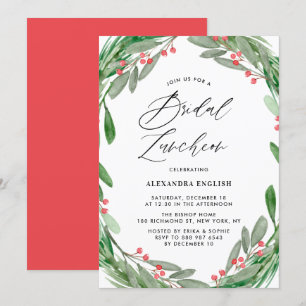 Greenery en Holly Wreath Winter Bridal Luncheon Kaart