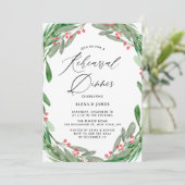 Greenery en Holly Wreath Winter Rehearsal Dinner Kaart (Staand voorkant)