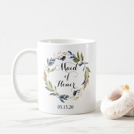 Greenery en Navy Leaves Wreath Maid of Honor Koffiemok (Met donut)
