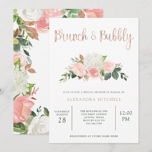 Greenery en Pink Floral | Brunch & Bubble Kaart (Voorkant / Achterkant)