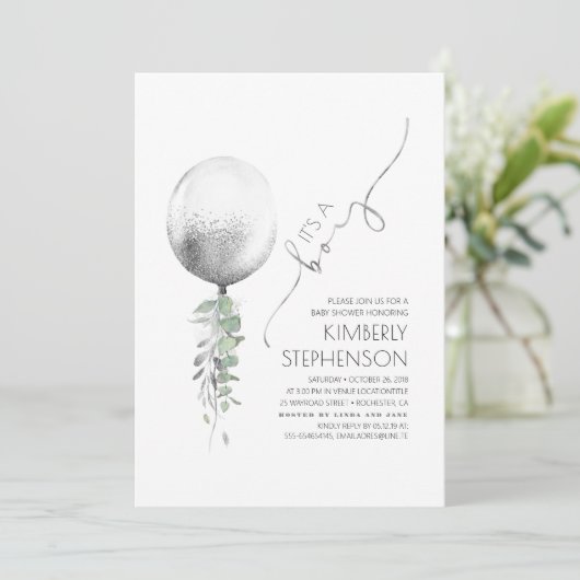 Greenery en Silver Glitter Balloon Baby shower Kaart (Staand voorkant)