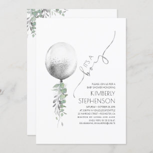 Greenery en Silver Glitter Balloon Baby shower Kaart