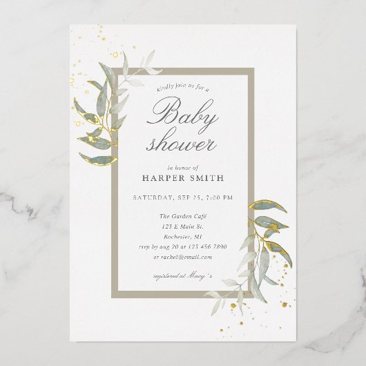 Greenery en tan Gold baby shower Folie Uitnodiging (Voorkant)
