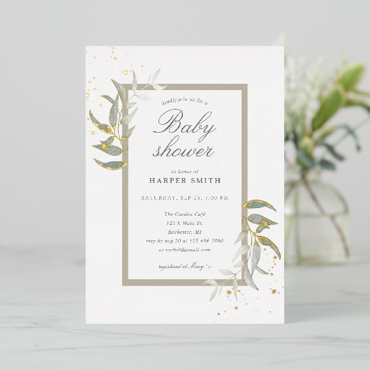 Greenery en tan Gold baby shower Folie Uitnodiging (Staand Voorkant)