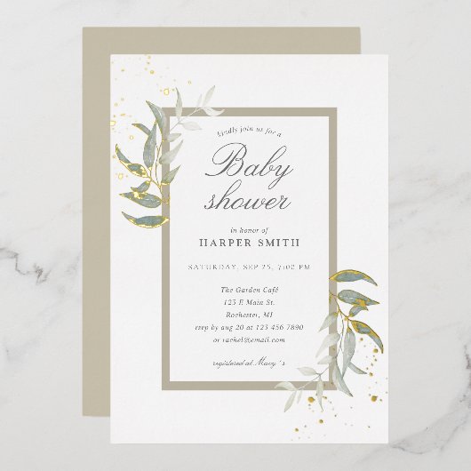 Greenery en tan Gold baby shower Folie Uitnodiging (Voorkant / Achterkant)
