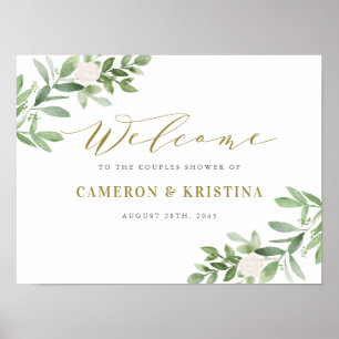 Greenery en White Floral Gold Couple Shower Poster