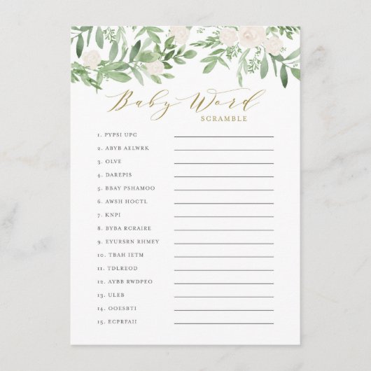 Greenery en White Flowers Baby Word Scramble Game Informatiekaartje (Voorkant)