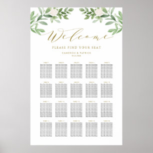 Greenery en White Flowers Wedding Seating Chart Poster