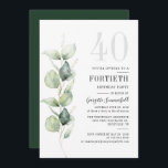 Greenery Eucalyptus 40th Birthday Party Kaart<br><div class="desc">Het kan een verrassingsfeest zijn of een ander speciaal decennium. Deze uitnodiging van een veertigjarig feest met eucalyptus greenery design met moderne populaire typografie kan eenvoudig worden aangepast aan elke verjaardag of verjaardag. U kunt de tekst,  verjaardagsdetails en de achtergrondkleur wijzigen door op de knop "Dit aanpassen" te klikken</div>