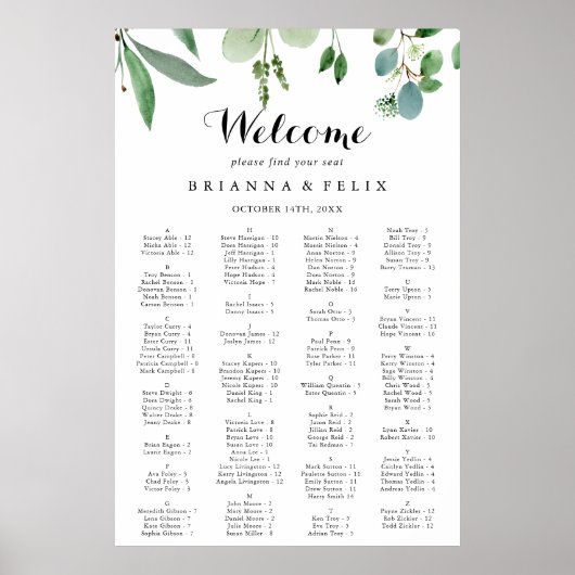 Greenery Eucalyptus Alfabetical Seat Chart Poster (Voorkant)
