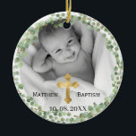 Greenery Eucalyptus Baby Baptisme Foto Keramisch Ornament<br><div class="desc">Greenery Eucalyptus Baby Christening en Baptisme Ornament met dubbele foto met ronde eucalyptusbladeren met een lijst. Pas uw eigen 2 horizontale of vierkante foto aan. Geweldig geschenk voor je familie en vrienden voor het vakantieseizoen.</div>